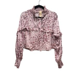Jen's Pirates Booty Leopard Ruffle Smocked Neck Tie Neck Long Sleeve Blouse Sz S
